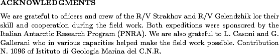 \begin{acknowledgments}
We are grateful to oflicers and crew of the R/V Strakho...
...ribution N. 1096 of Istituto di Geologia Marina del C.N.R.
\end{acknowledgments}