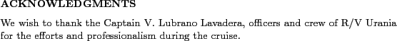 \begin{acknowledgments}
We wish to thank the Captain V. Lubrano Lavadera, office...
...nia
for the efforts and professionalism during the cruise.
\end{acknowledgments}